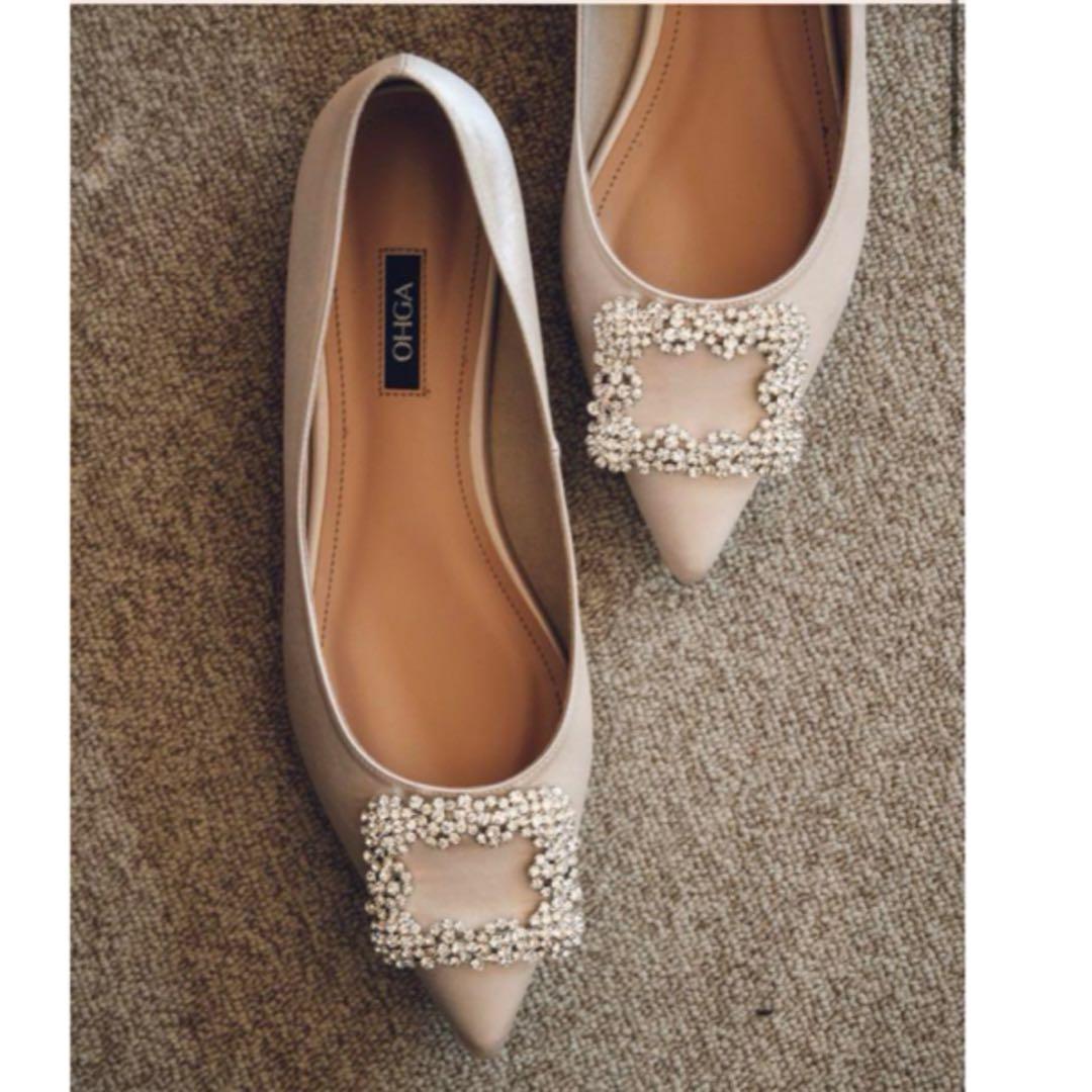 OHGA オーガ サテン ビジュー パンプス フラットシューズ アイボリー
