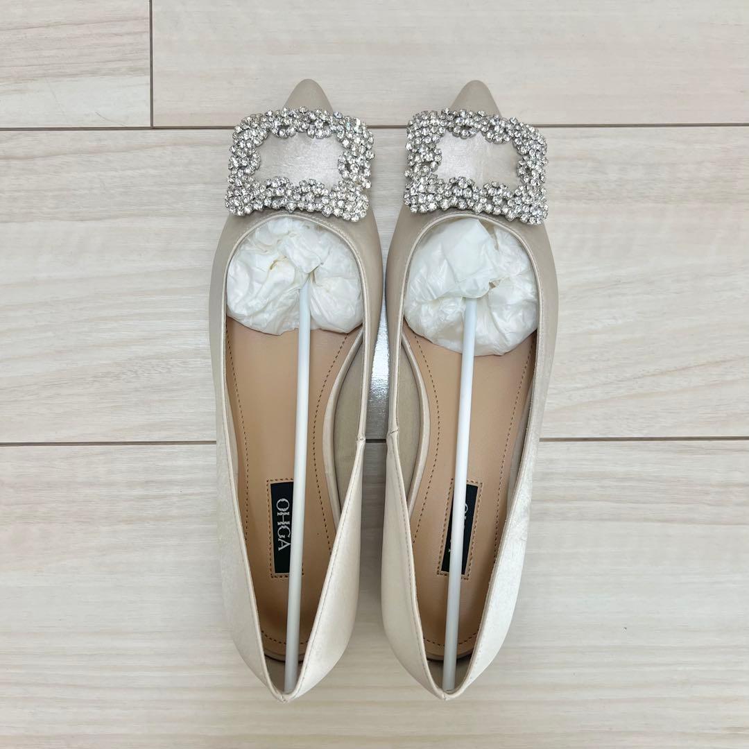 OHGA オーガ サテン ビジュー パンプス フラットシューズ アイボリー