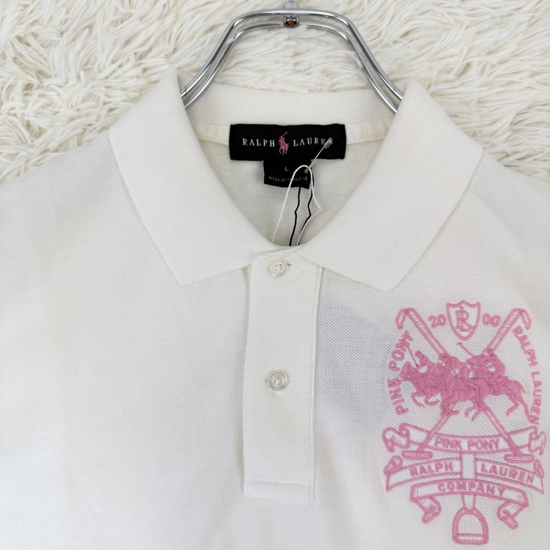 新品 未使用 希少 ラルフローレン ポロシャツ ピンクポニー 半袖 白 刺繍 L
