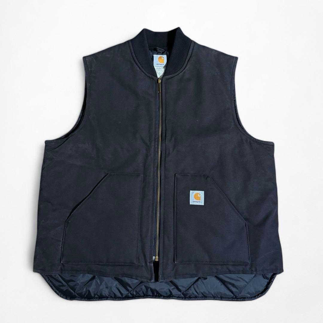 90s 00s Carhartt ダック地 キルティング ベスト 腰ゴム 黒