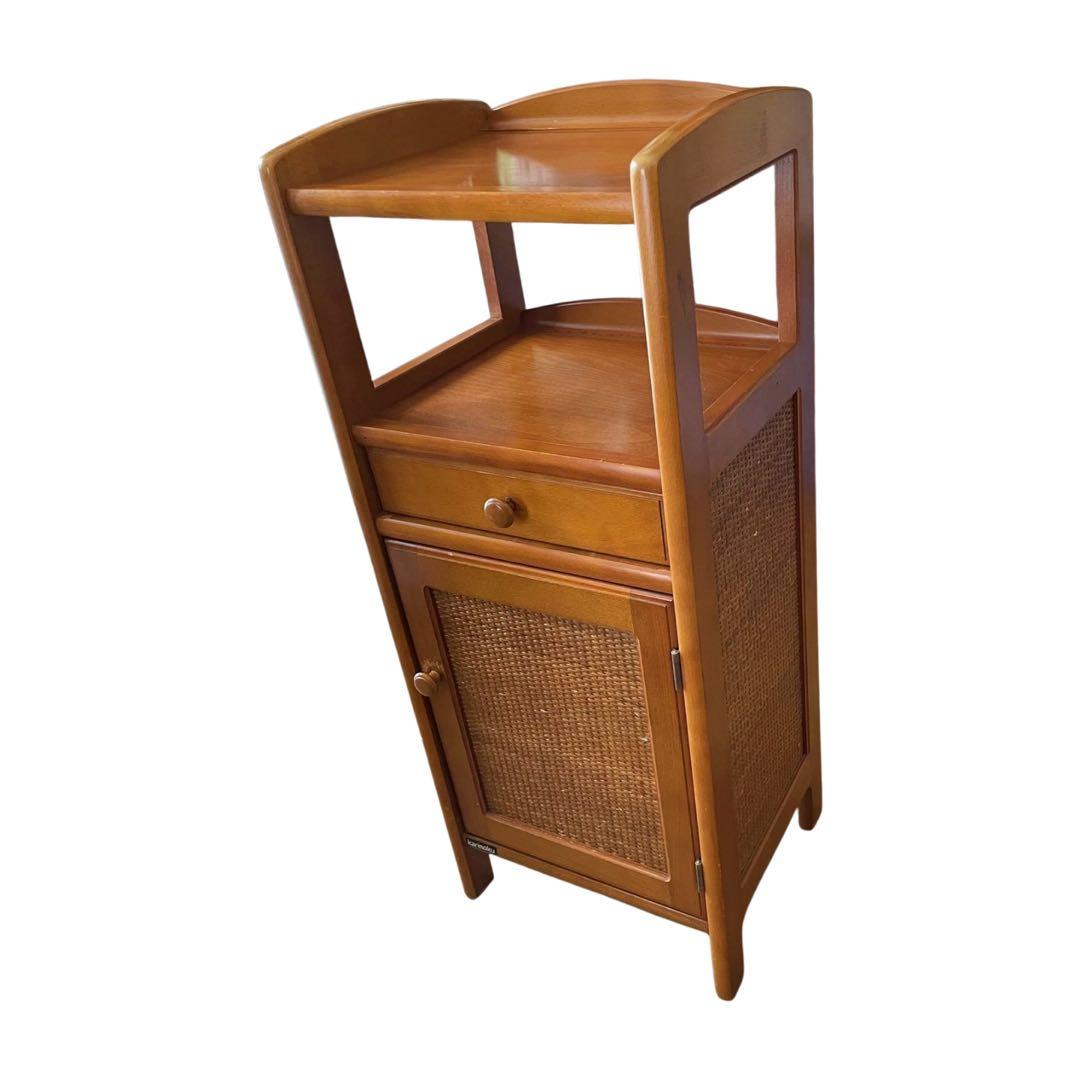 希少　カリモク ラタン 木製電話台・FAX台 引き出し付き 昭和レトロ