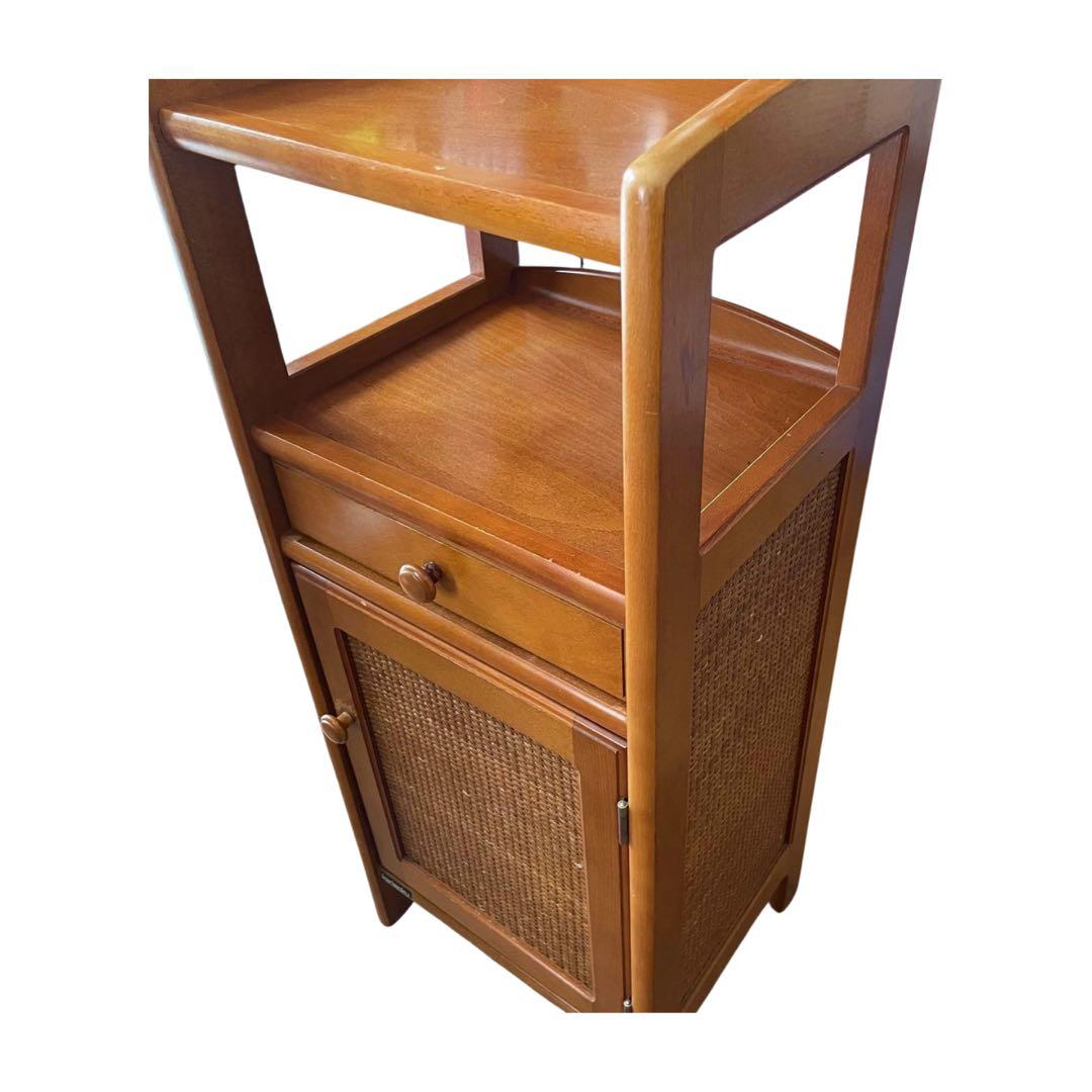 希少　カリモク ラタン 木製電話台・FAX台 引き出し付き 昭和レトロ