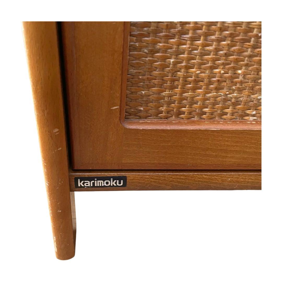 希少　カリモク ラタン 木製電話台・FAX台 引き出し付き 昭和レトロ