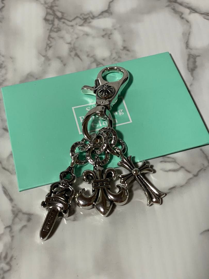 シルバー 925 クロス キーチェーン フローラル キーリング キーホルダー