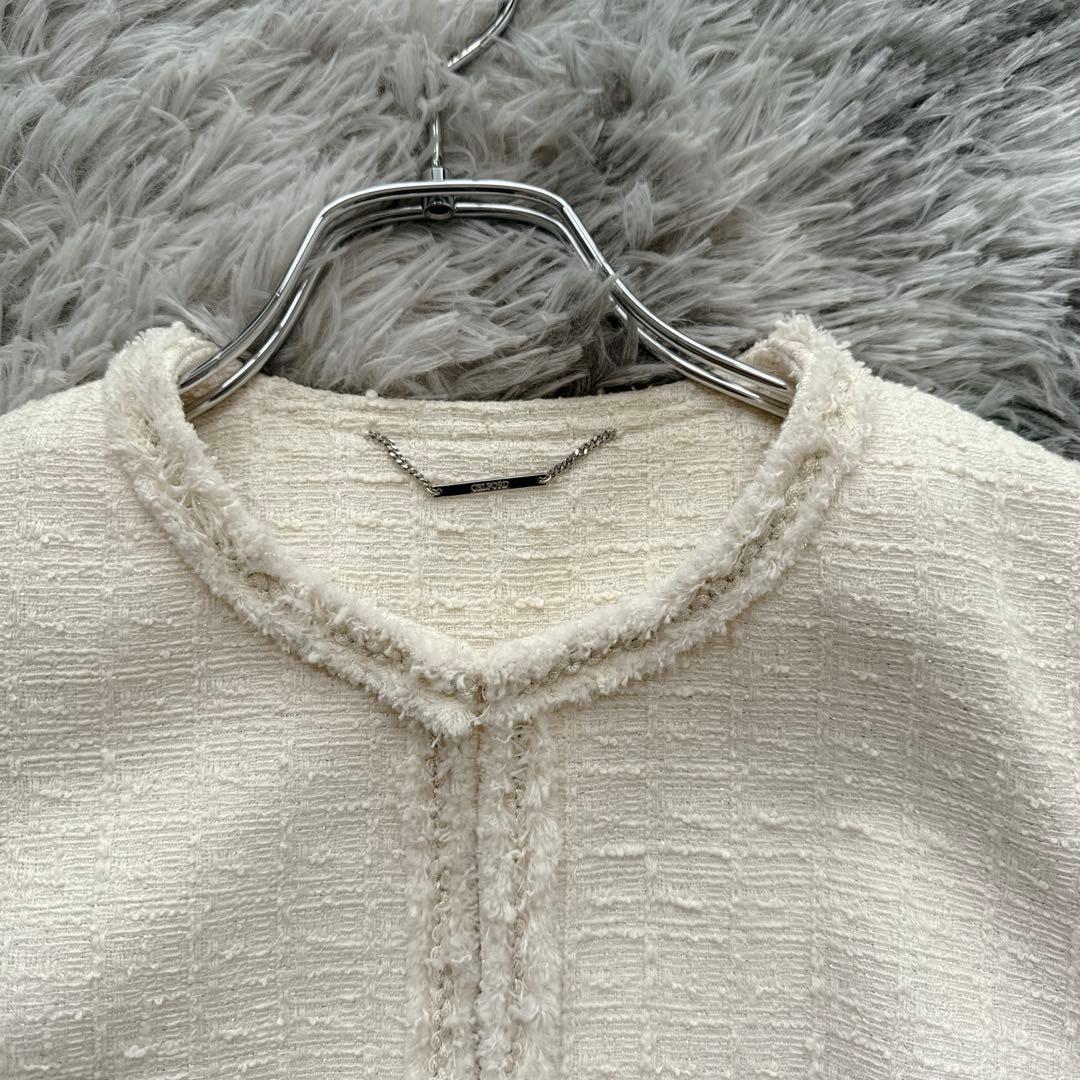 セルフォード ノーカラーツイードジャケット M アイボリー 上品 入学式 入園式