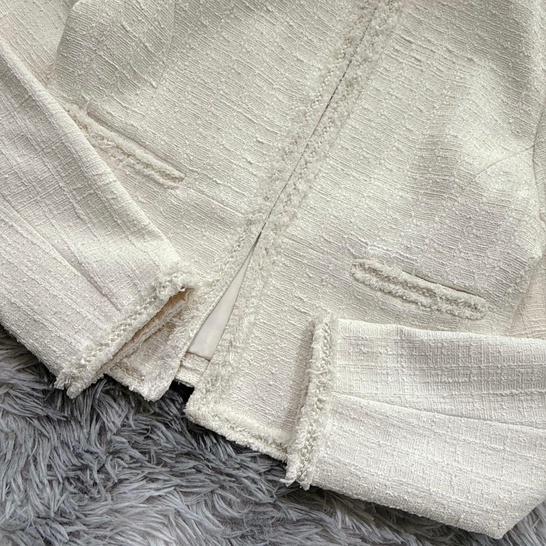 セルフォード ノーカラーツイードジャケット M アイボリー 上品 入学式 入園式