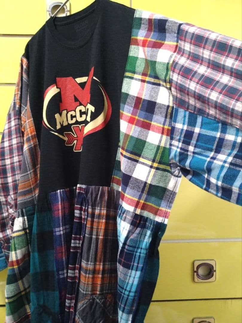 ネルシャツ＆Tシャツリメイクワンピース＆付け襟︎︎✤黒✤オーバー／フリーサイズ