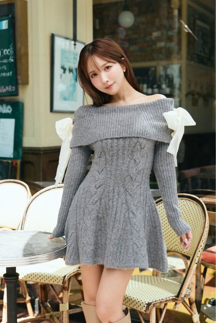 ワンピース Ribbon Off-Shoulder Cable Knit Dress