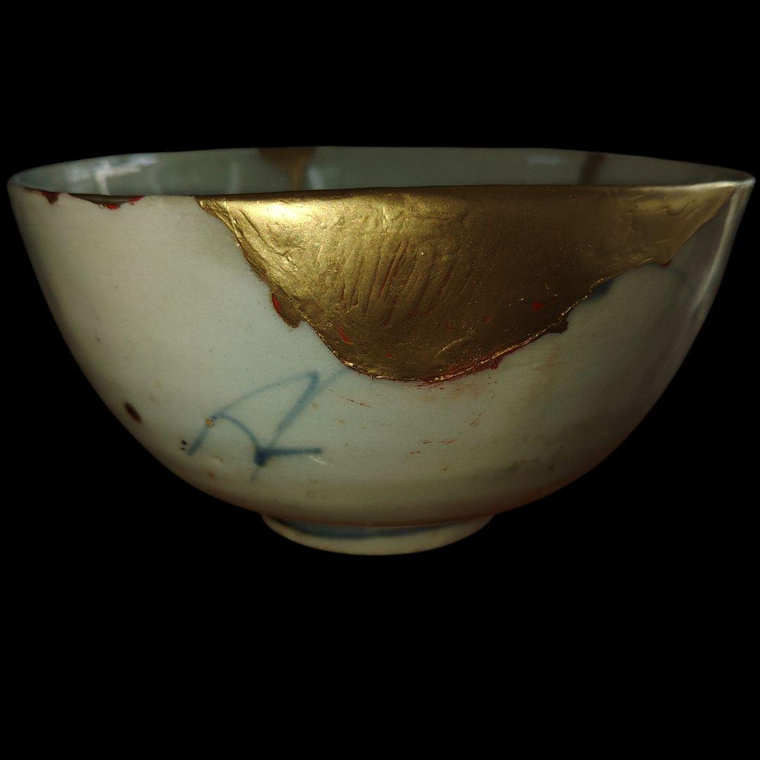 1750年～1770年代　古伊万里　雪輪草花文染付碗　金継　骨董品　見込蛇目秞剥