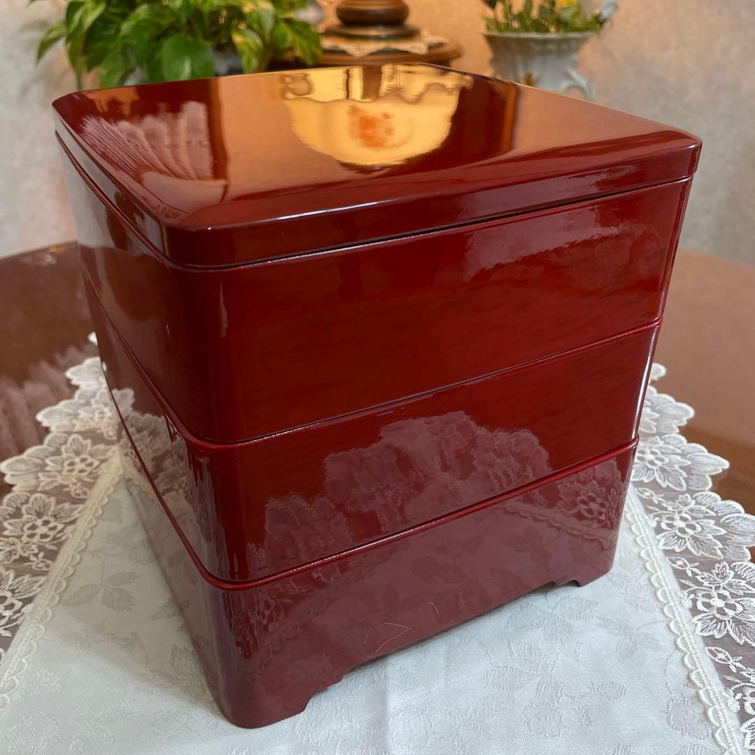 会津塗　うるし塗　天然木　三段重　重箱　未使用　シール付