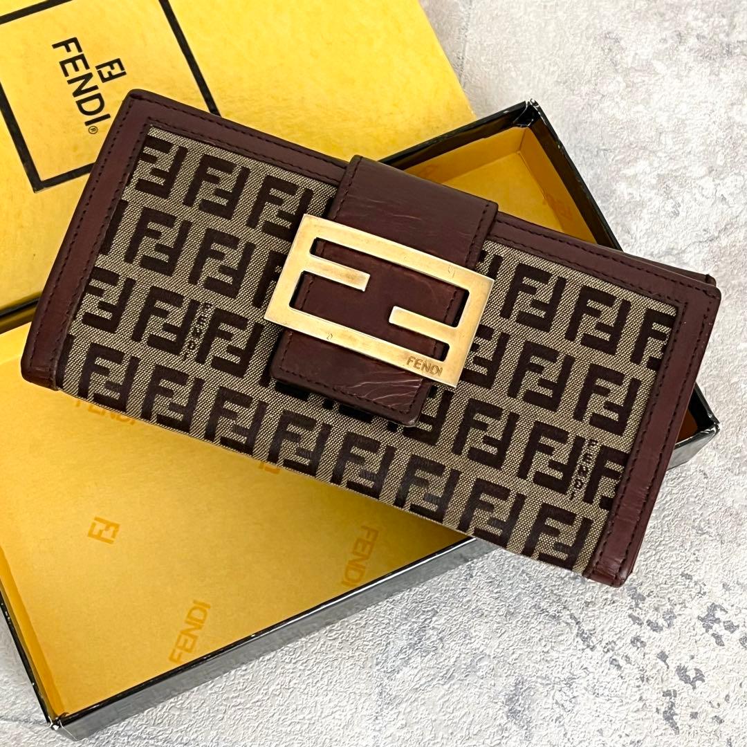 美品✨FENDI FF金具 マンマ ズッキーノ キャンバス レザー ブラウン