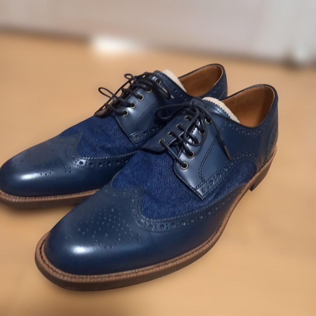 美品　REGAL　リーガル　ネイビー レザー デニム ウィングチップ シューズ