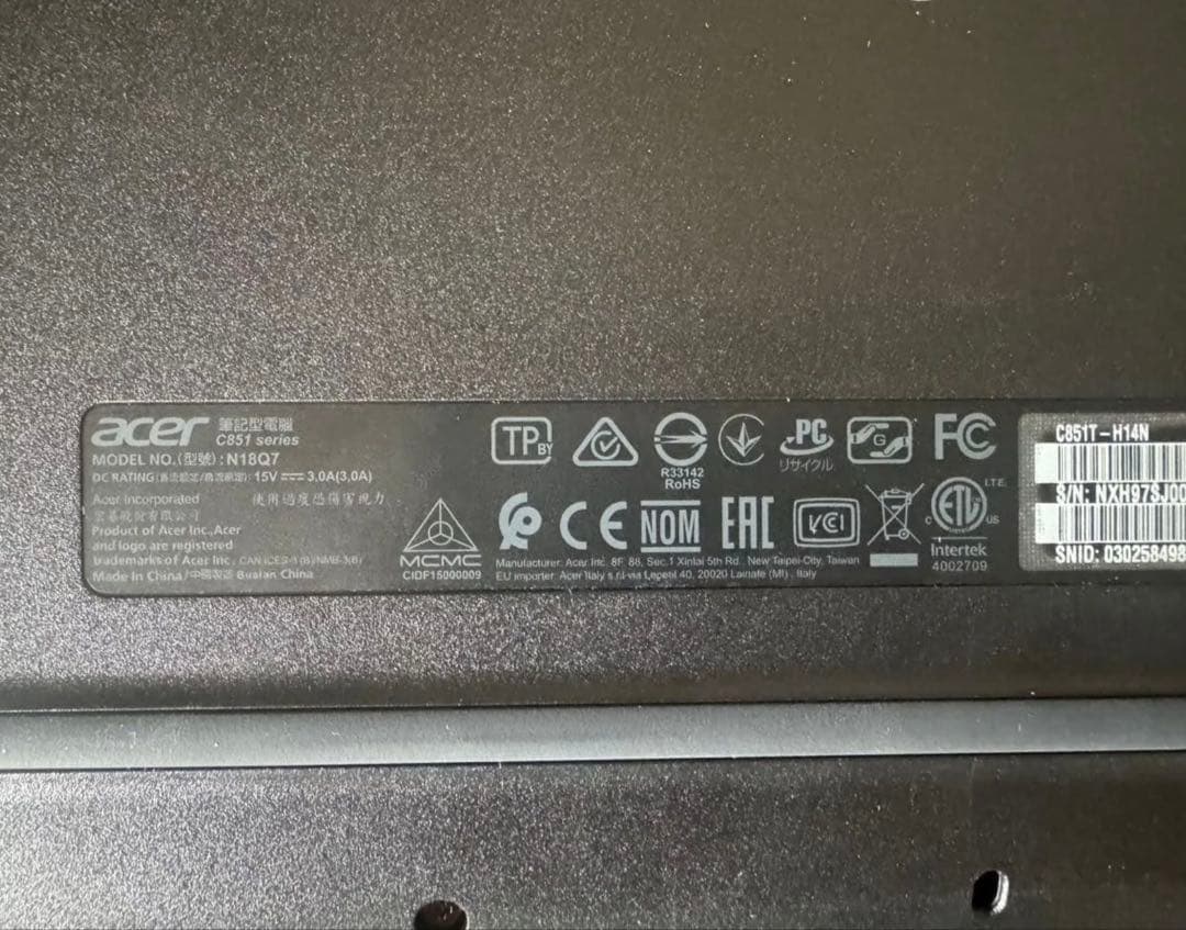 Chromebook Acer C851 N18Q7Celron 動作確認済み