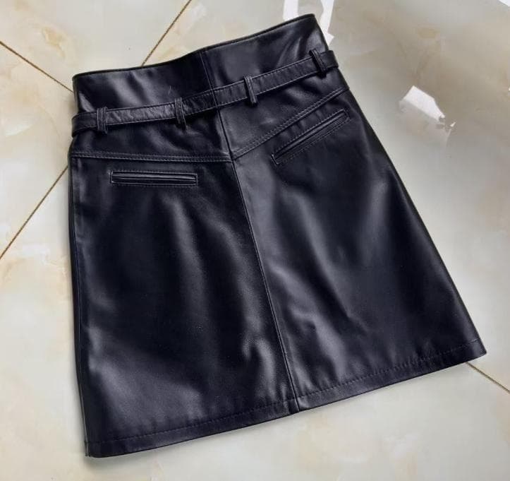 新品レディース高級 本革↑超ソフトなラムレザーミニ丈スカート黒ラムレザースカート