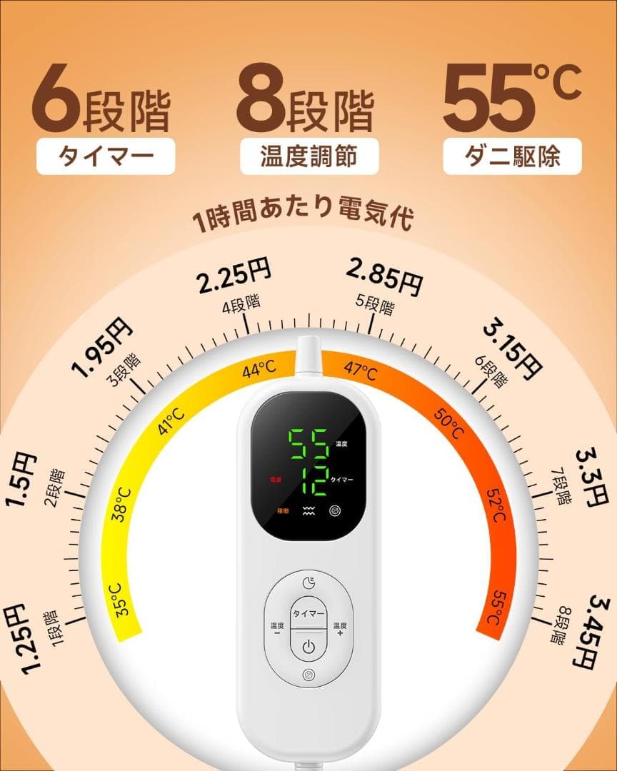 電気毛布 掛け 敷き 55℃自動ダニ駆除 頭寒足熱 8段階温度調整 12Hタイマ