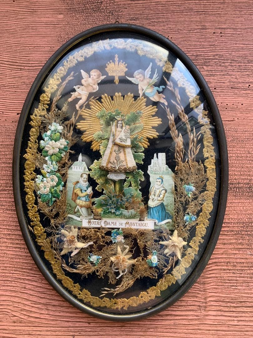 フランスアンティーク　19世紀ベルギーガラス額に美しくデコパージュされたマリア様