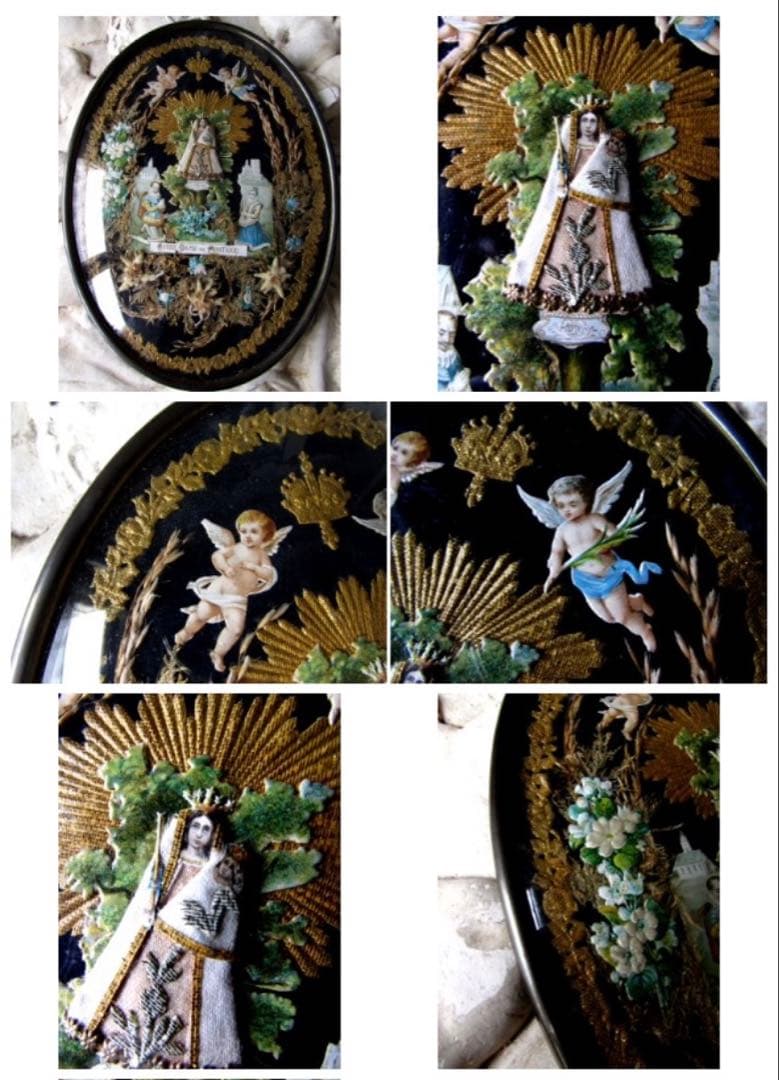 フランスアンティーク　19世紀ベルギーガラス額に美しくデコパージュされたマリア様