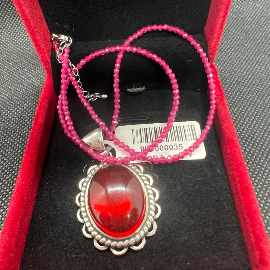 天然ポーランドの赤琥珀のペンダントトップにルビーのチェーンのセットs925使用