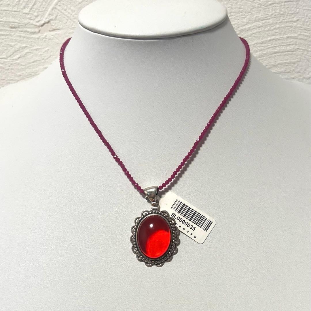 天然ポーランドの赤琥珀のペンダントトップにルビーのチェーンのセットs925使用