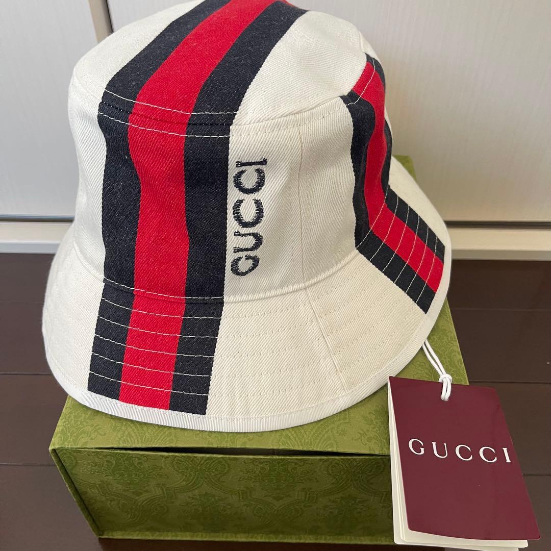 GUCCI バケットハット ロゴ シェリーライン ホワイト M 788561