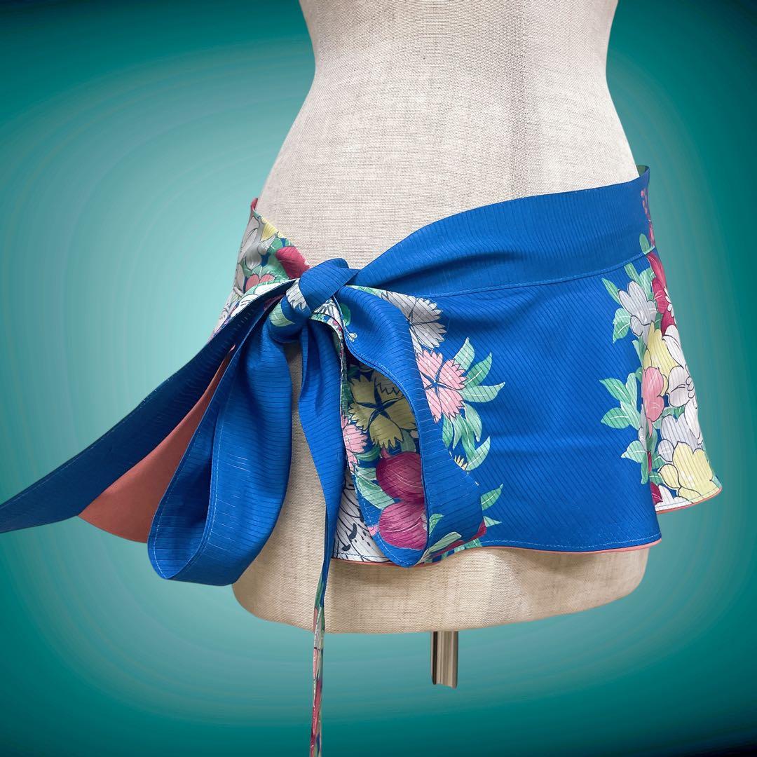 花柄 ビビッドブルー リボン サッシュベルト W70〜100cm水色 71005