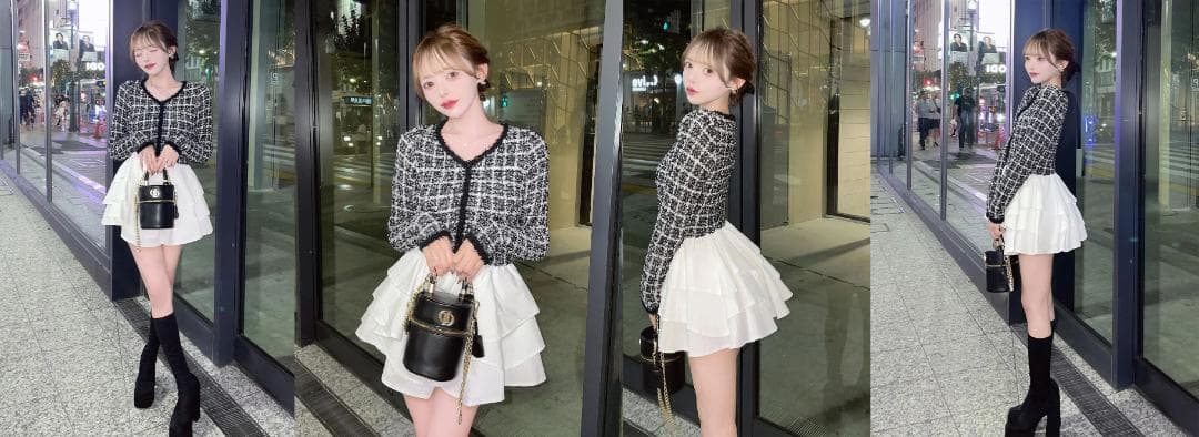 ダーリッチ darich ボリュームフリルツイードニットミニワンピース BLK