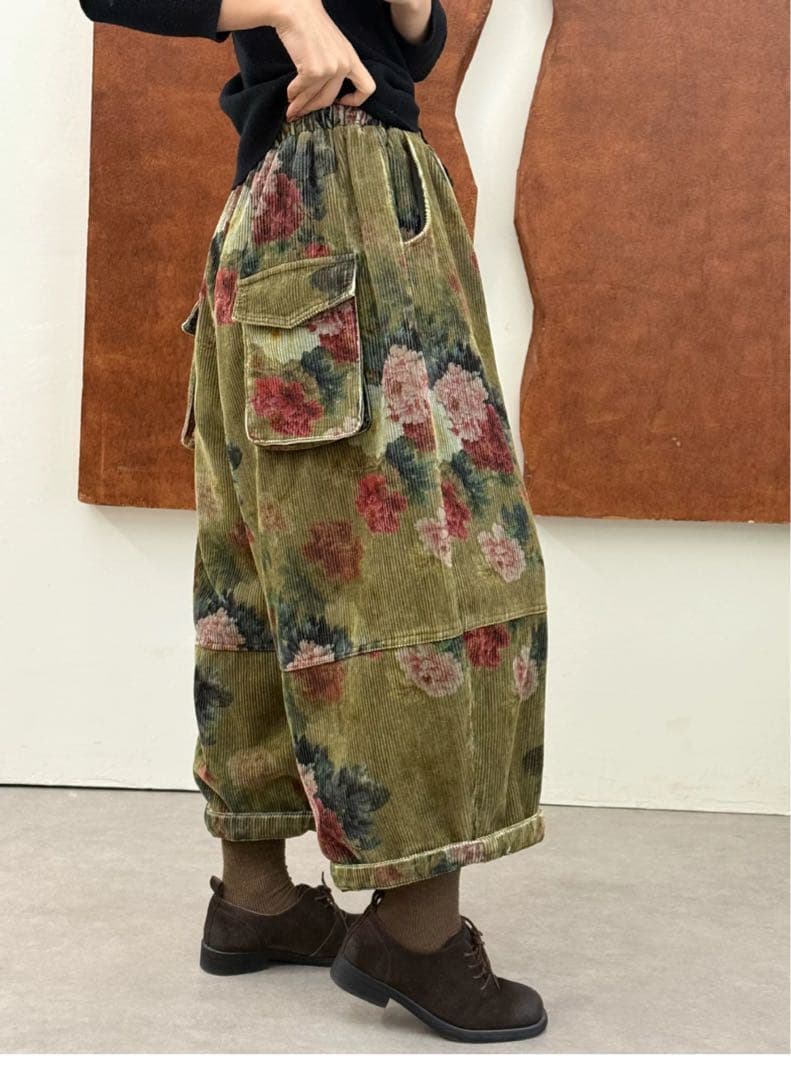 Tataナチュラル綿レディースベルベット中綿パンツ赤色緑２点セット