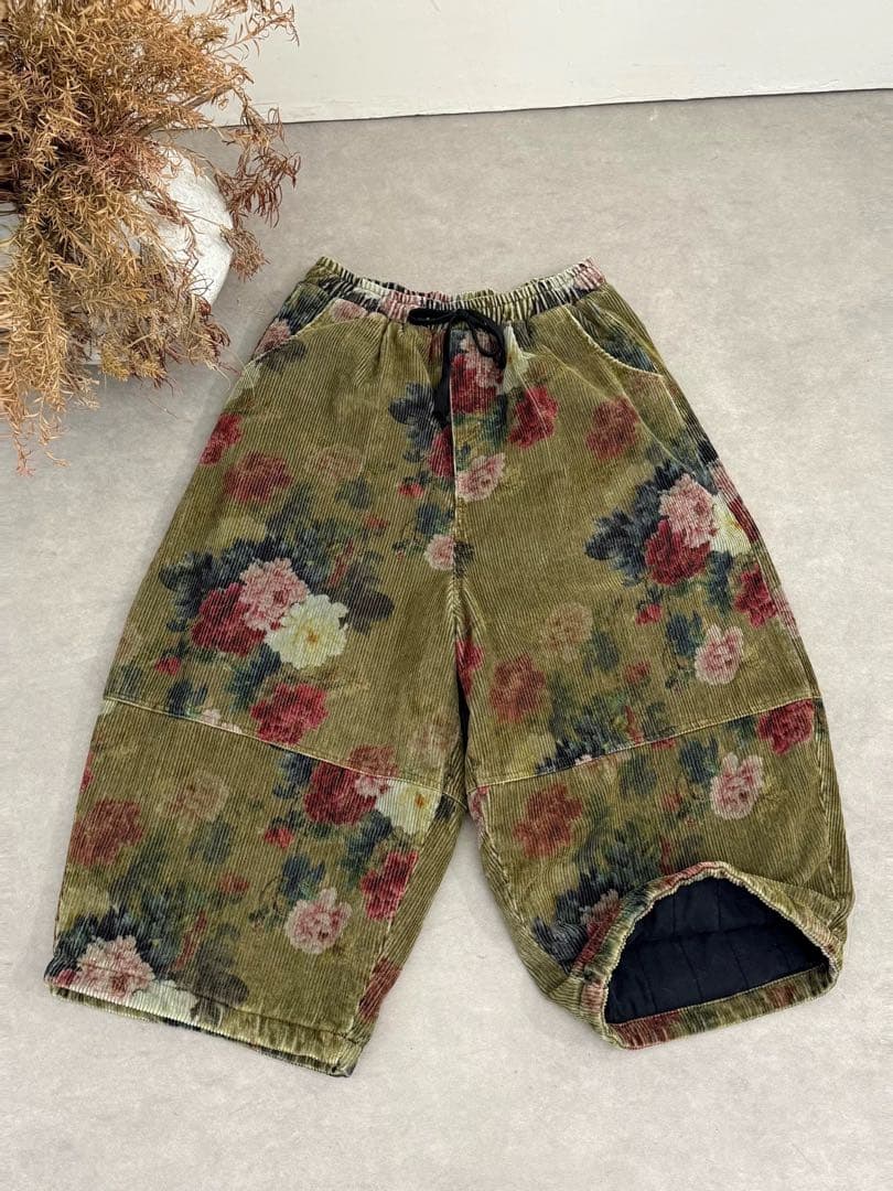 Tataナチュラル綿レディースベルベット中綿パンツ赤色緑２点セット