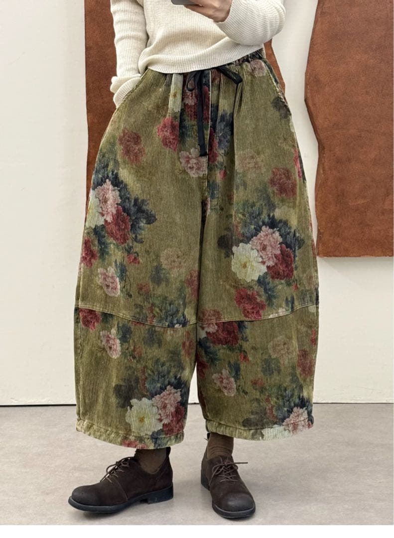 Tataナチュラル綿レディースベルベット中綿パンツ赤色緑２点セット