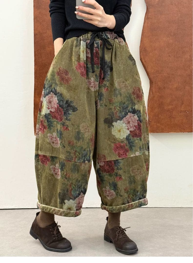 Tataナチュラル綿レディースベルベット中綿パンツ赤色緑２点セット