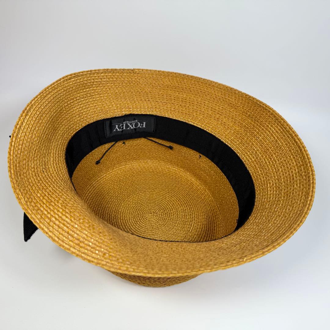 FOXEY フォクシー　麦わら帽子　帽子　黒リボン　ベージュ　リボン