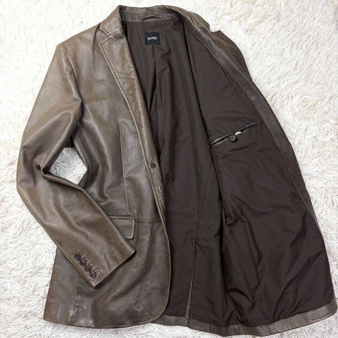 XXL相当 HUGO BOSS テーラードジャケット ラムレザー ブラウン系