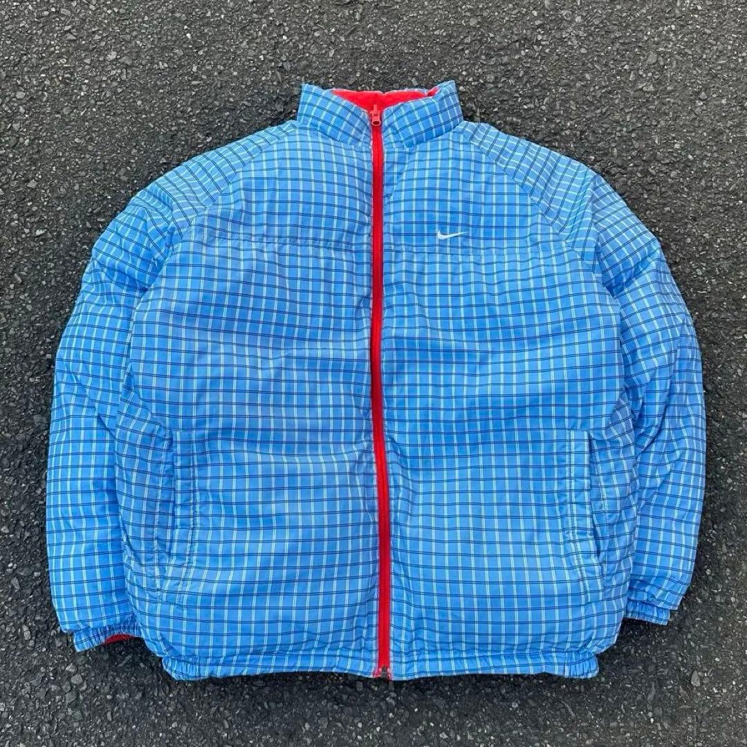 00s Nike ダウンジャケット リバーシブル ロゴ刺繍 チェック 水色