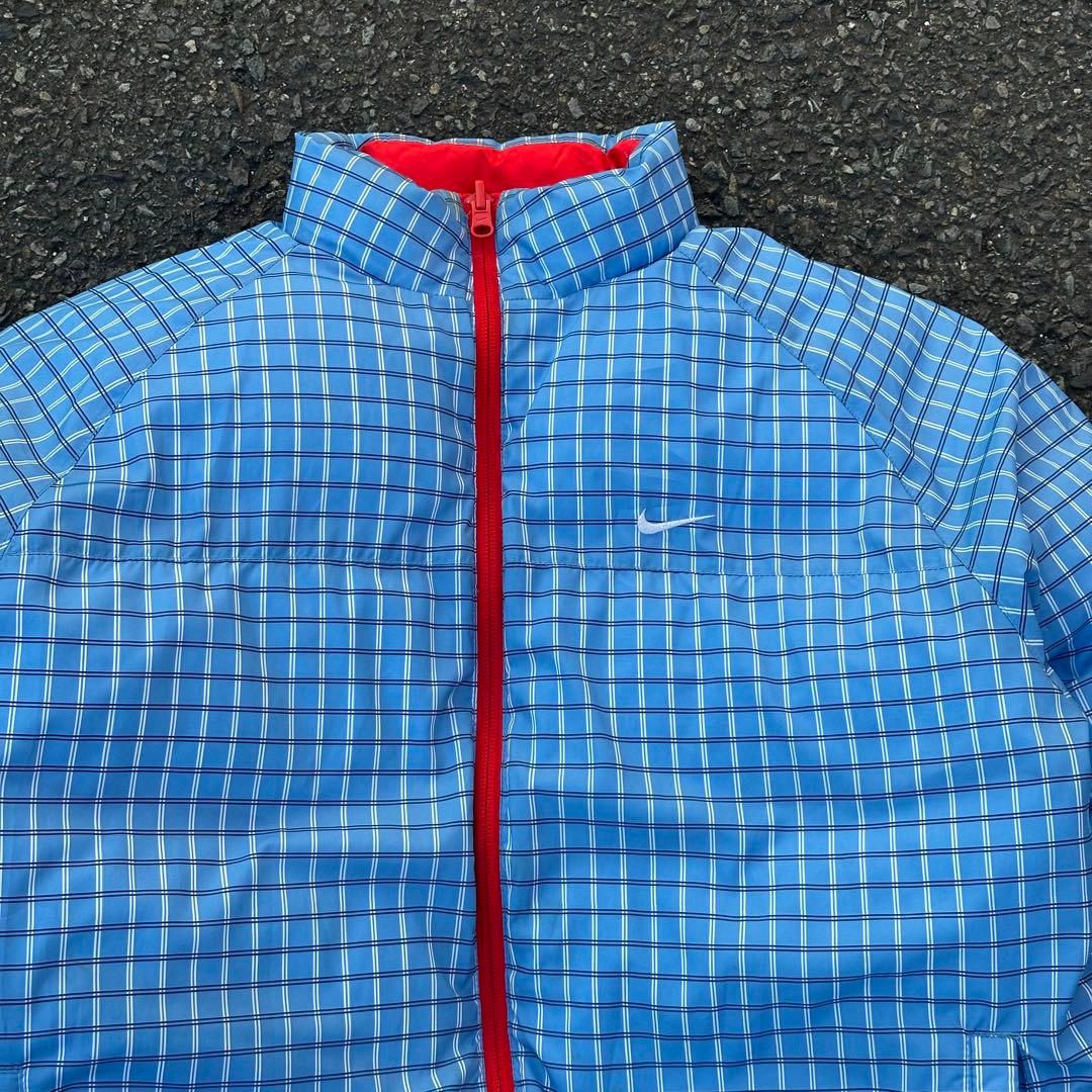 00s Nike ダウンジャケット リバーシブル ロゴ刺繍 チェック 水色