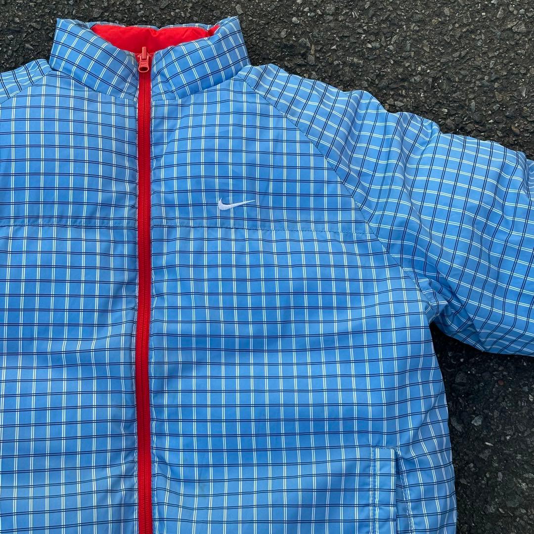 00s Nike ダウンジャケット リバーシブル ロゴ刺繍 チェック 水色