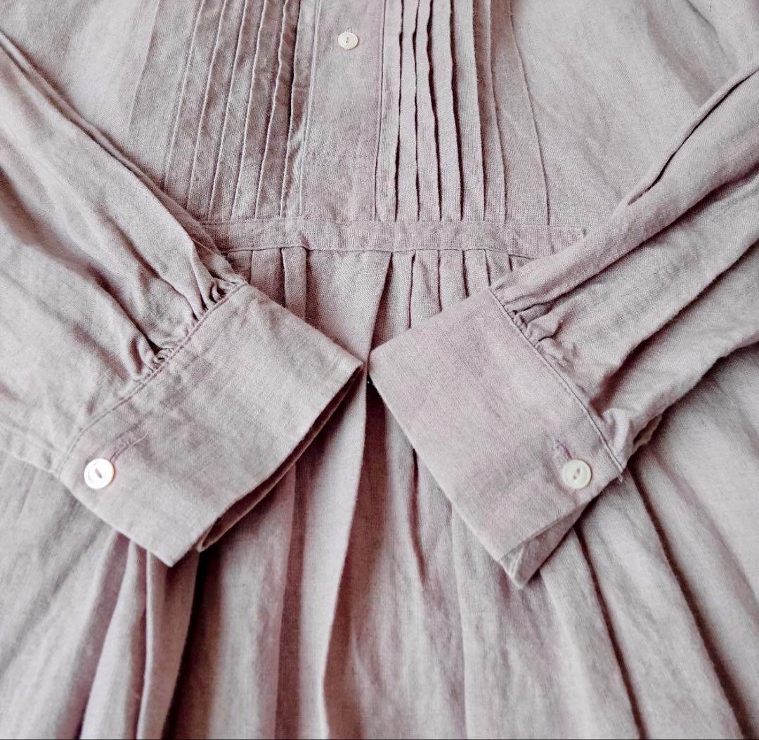 イチアンティークス　ロングワンピース　ピンタック　ギャザー　リネン　くすみピンク