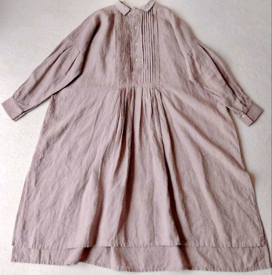 イチアンティークス　ロングワンピース　ピンタック　ギャザー　リネン　くすみピンク
