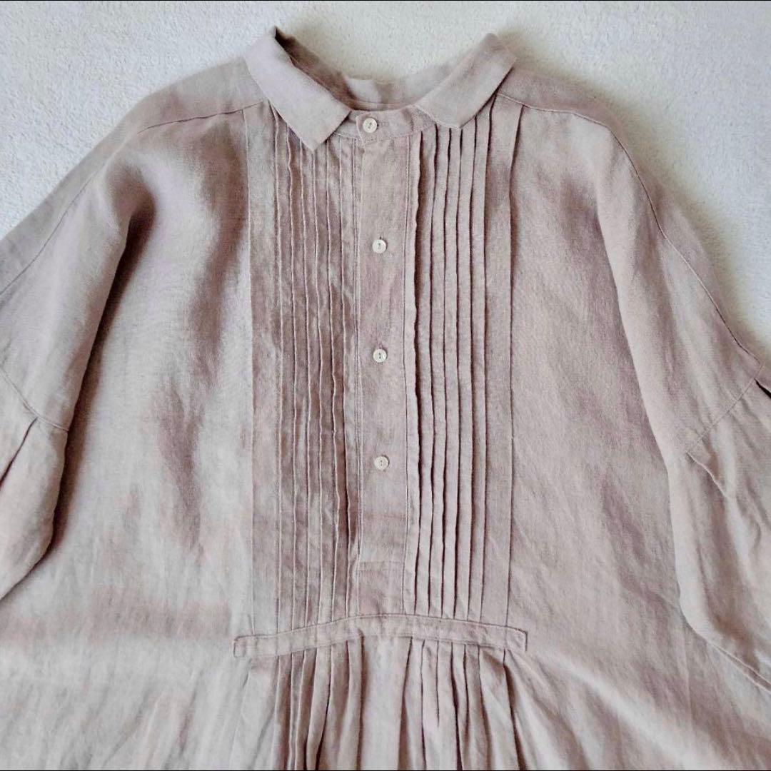 イチアンティークス　ロングワンピース　ピンタック　ギャザー　リネン　くすみピンク