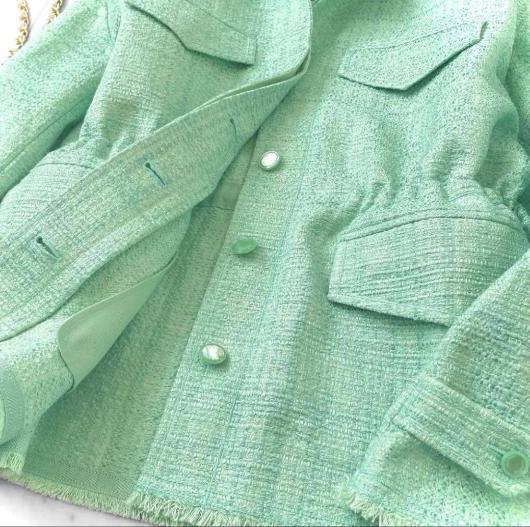 新品同様 ドゥロワー コットンツイード 比翼ジャケット ブルゾン ミントグリーン