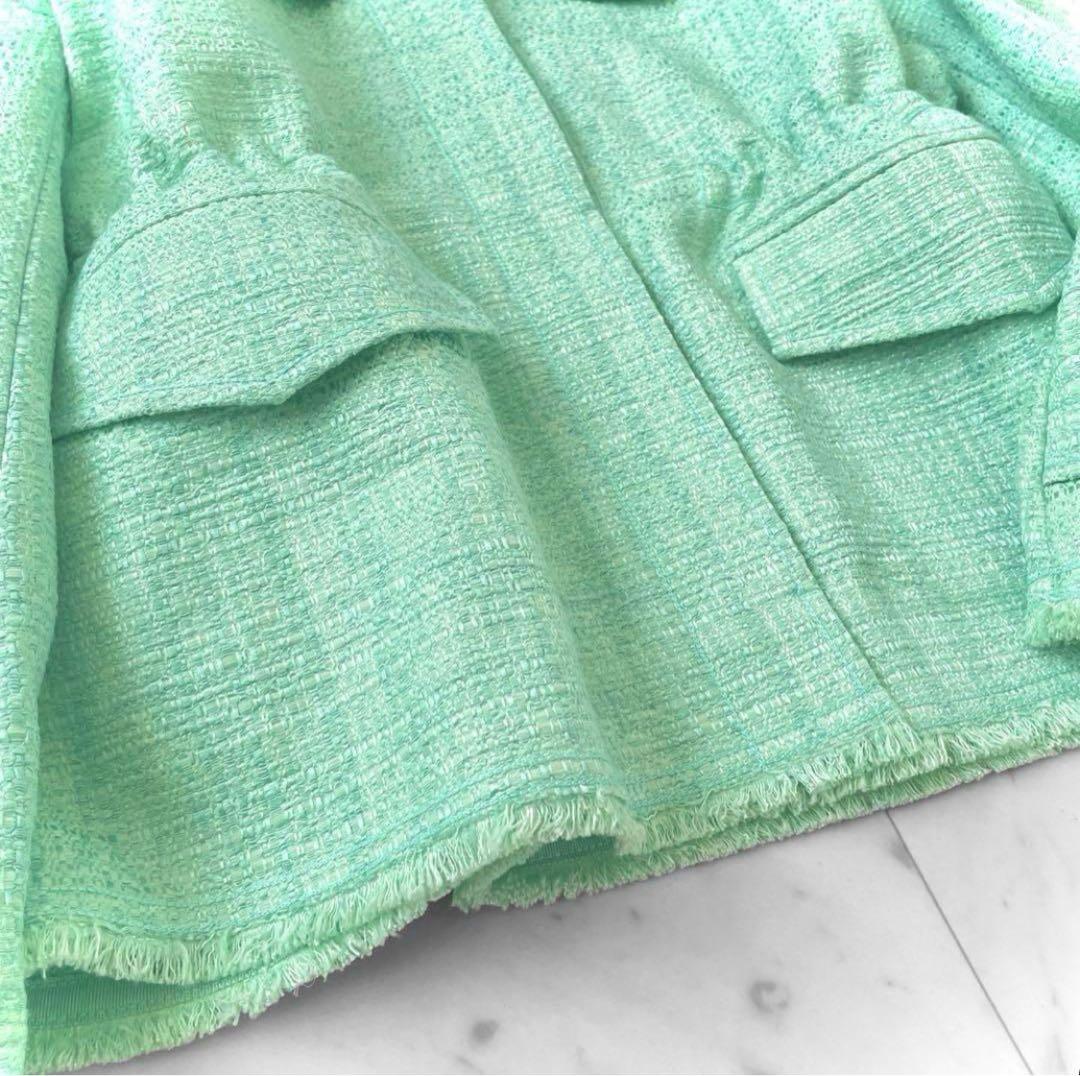 新品同様 ドゥロワー コットンツイード 比翼ジャケット ブルゾン ミントグリーン