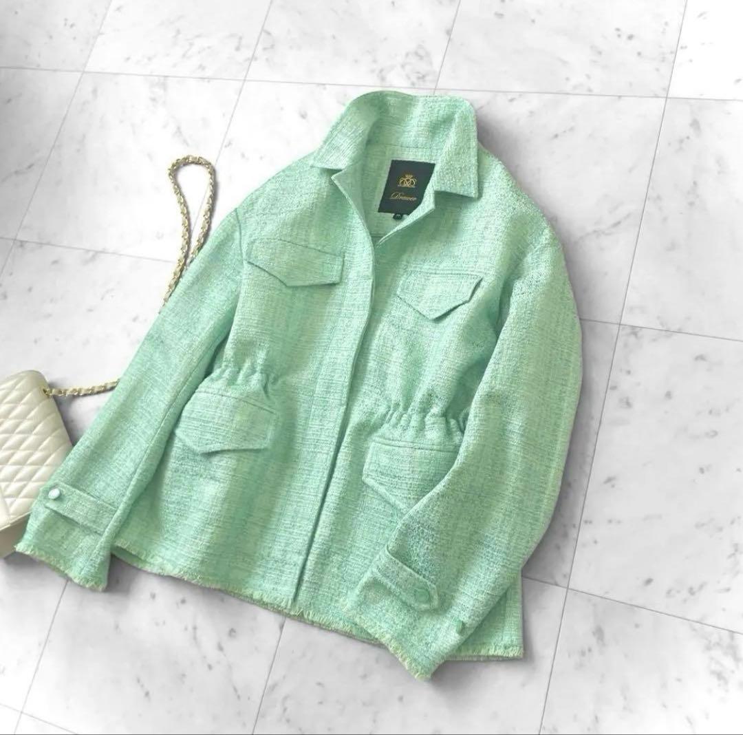 新品同様 ドゥロワー コットンツイード 比翼ジャケット ブルゾン ミントグリーン