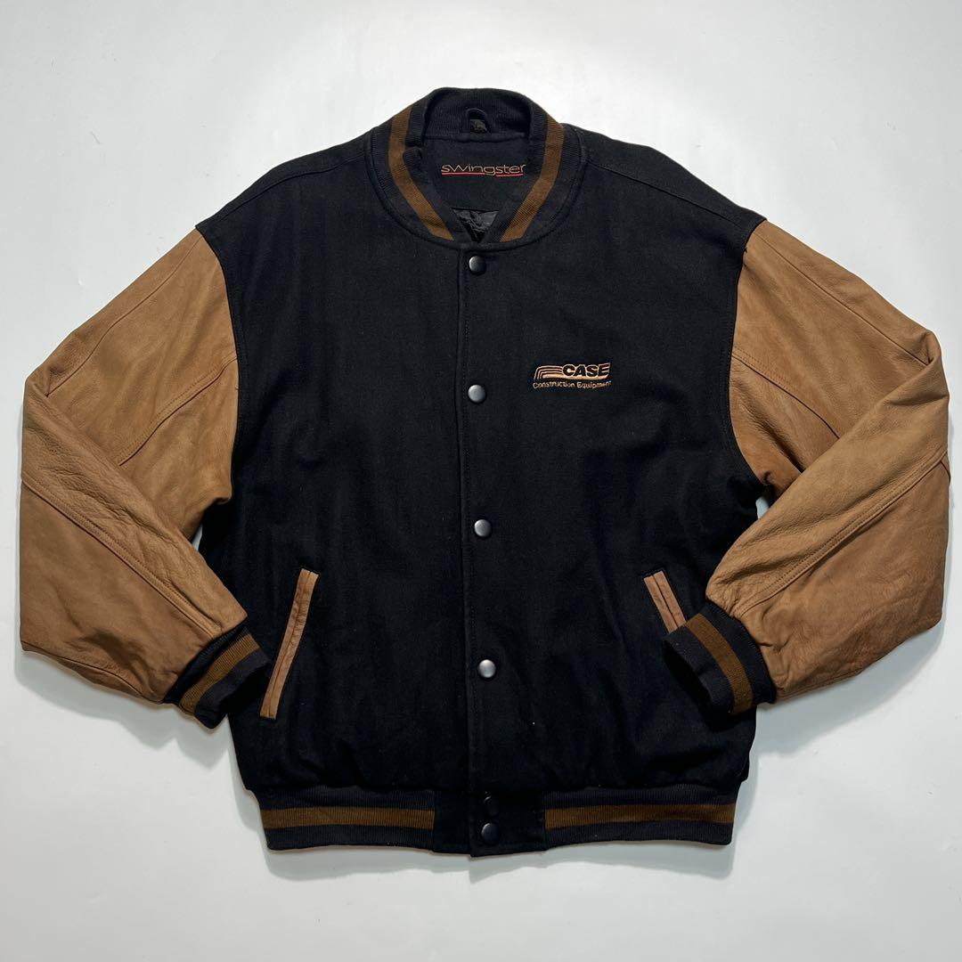 90s スイングスター 袖レザー スタジャン M 黒 茶 企業刺繍 7550