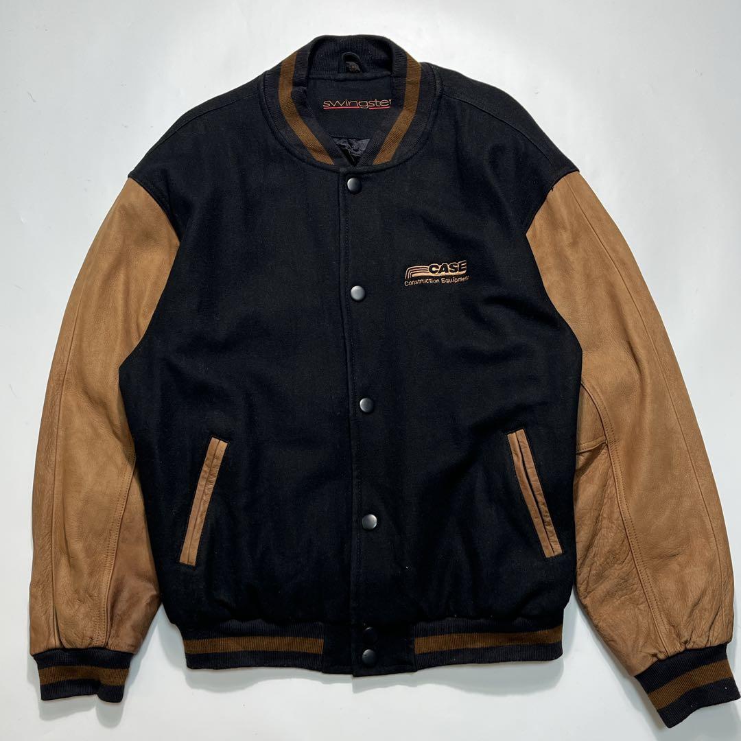 90s スイングスター 袖レザー スタジャン M 黒 茶 企業刺繍 7550