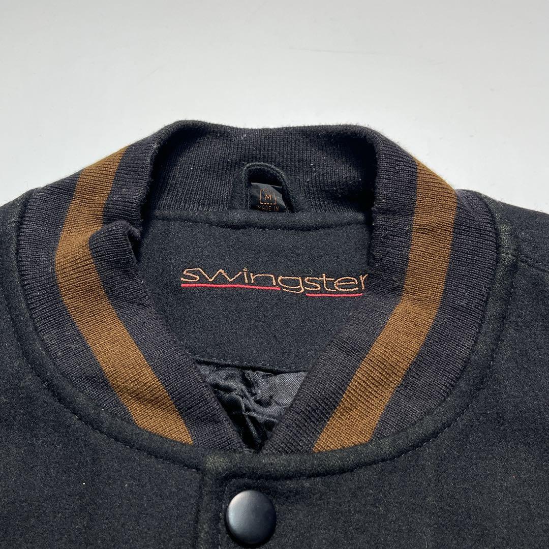90s スイングスター 袖レザー スタジャン M 黒 茶 企業刺繍 7550