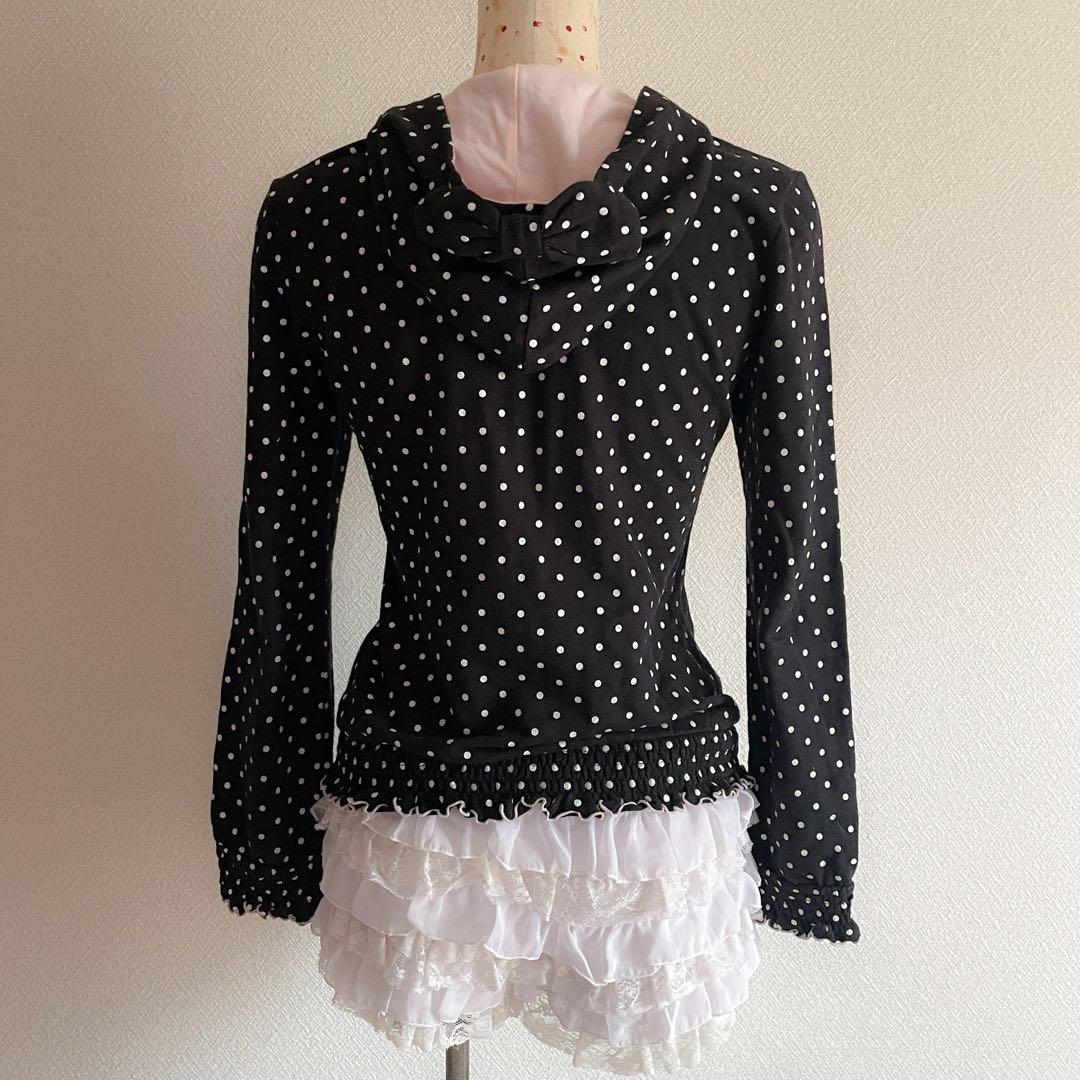 00s 希少 TRALALA ビッグリボン ドットフリルロゴ刺繍パーカー 姫系