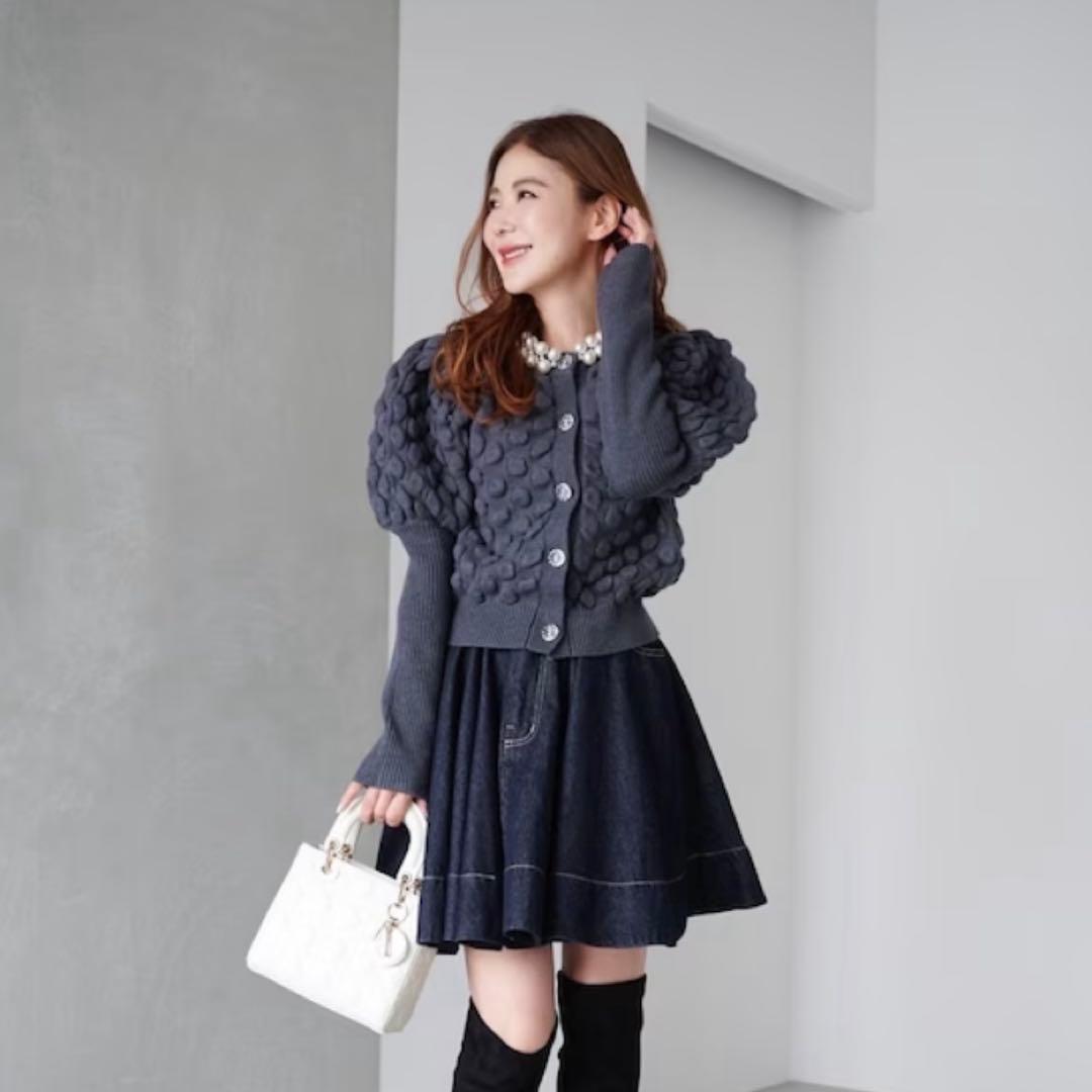 オブリ obli グレー ニットカーディガン パール付き