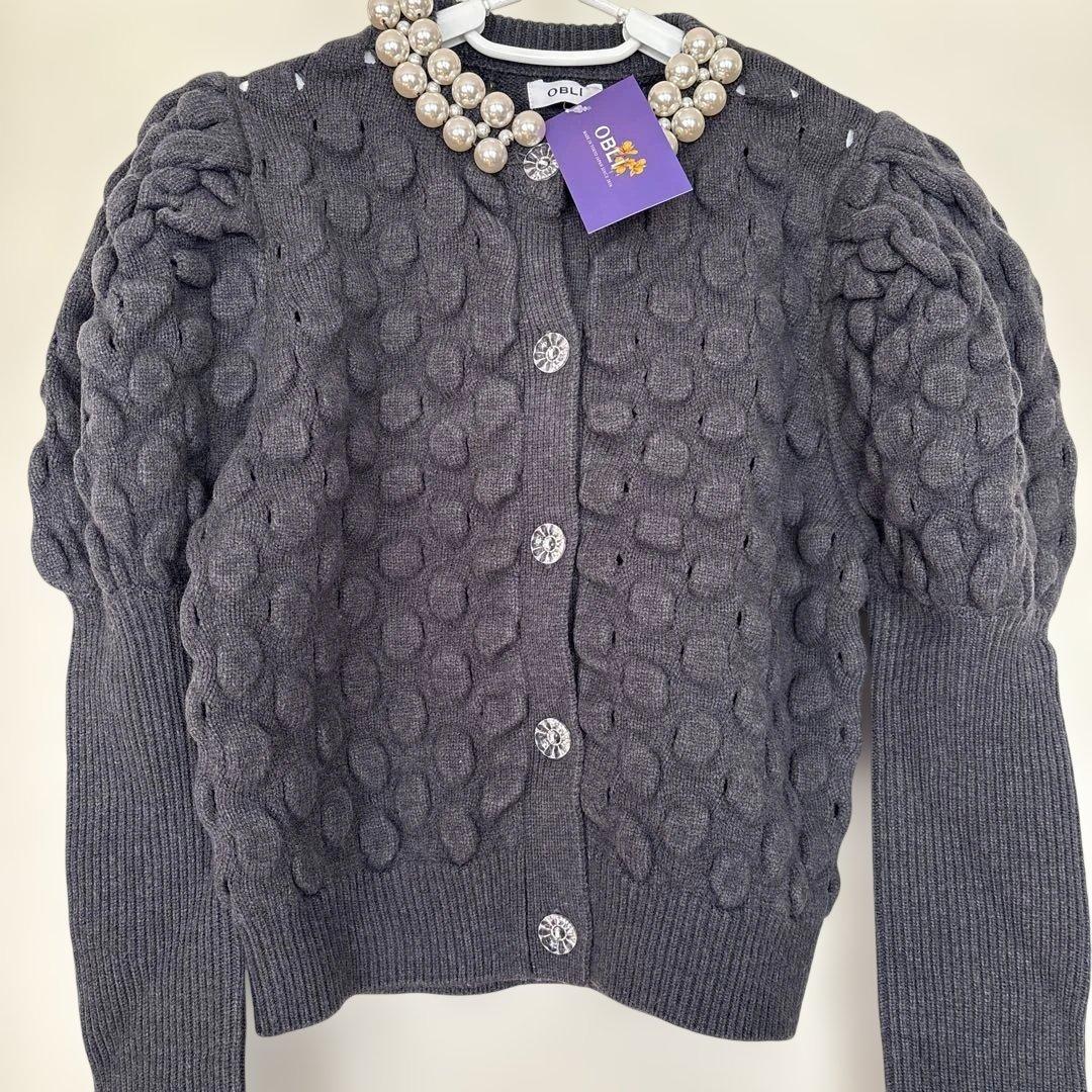 オブリ obli グレー ニットカーディガン パール付き