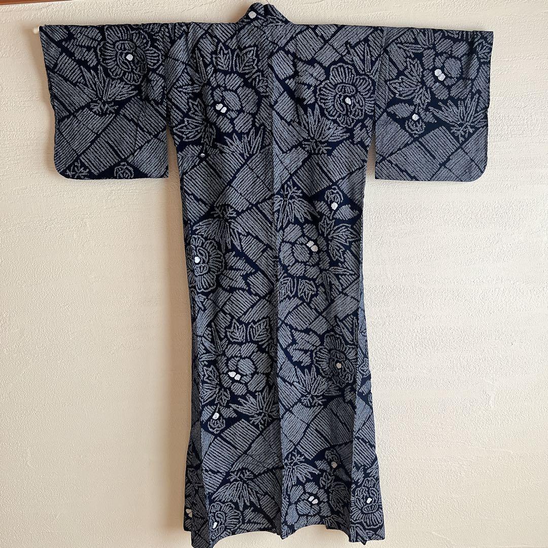 有松絞り　浴衣　Sサイズさんに　木綿半幅帯セット　麻の葉柄帯