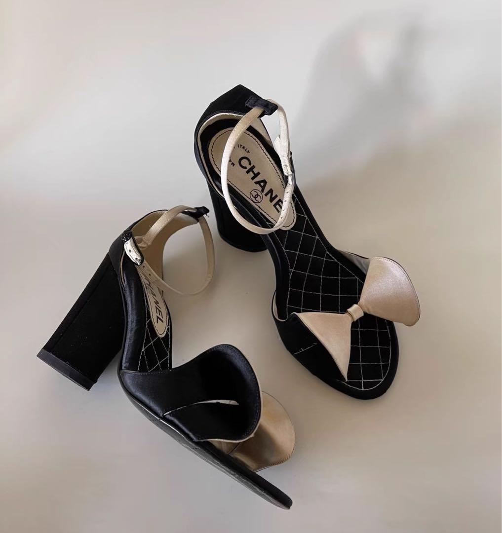 シャネルCHANEL リボン付きサンダル 中ヒール ブラック/アイボリー