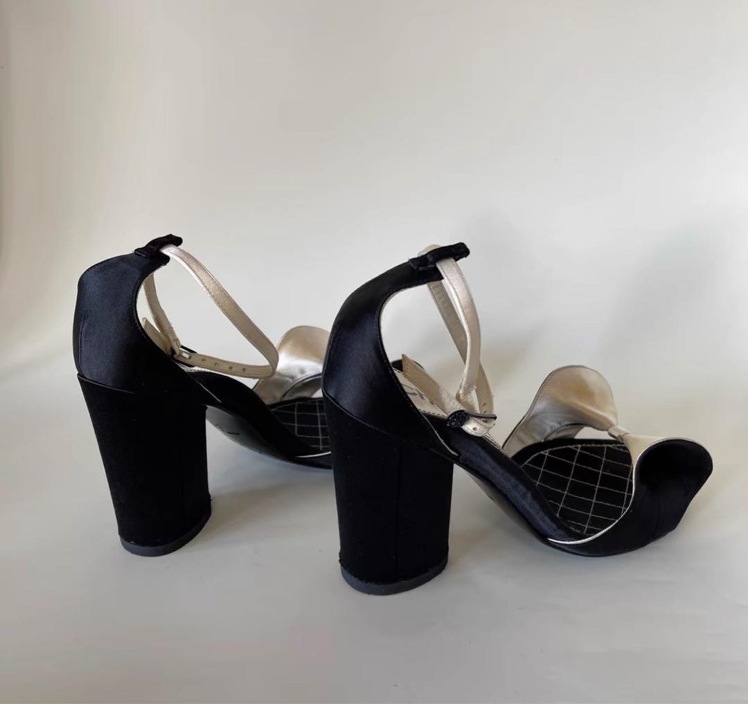 シャネルCHANEL リボン付きサンダル 中ヒール ブラック/アイボリー